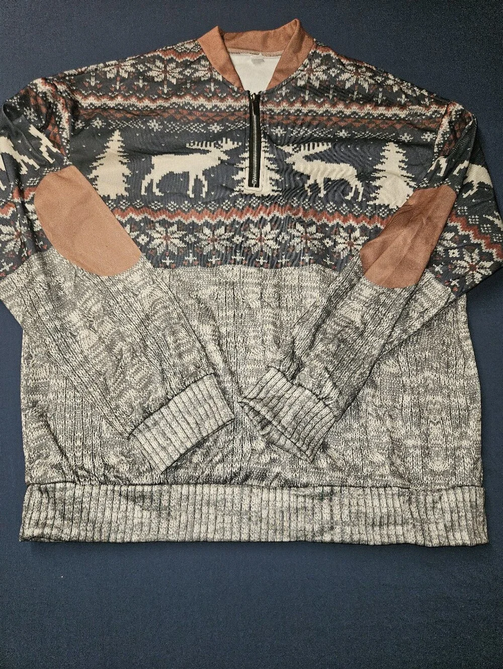 Fair Isle Zip Pullover with Reindeer & Elbow Patches - Navy, Cream & Rust